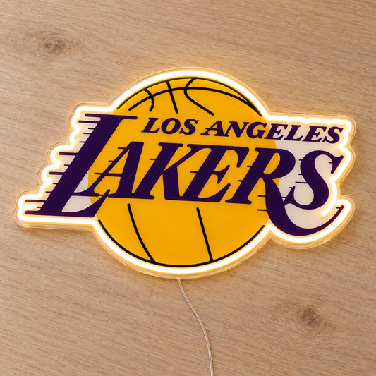 LA Lakers LED Neon Sign, featuring illuminated team logo on a wooden surface.