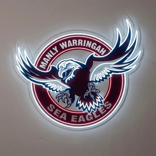 Manly Sea Eagles LED Neon Sign, featuring illuminated team logo on a dark background.