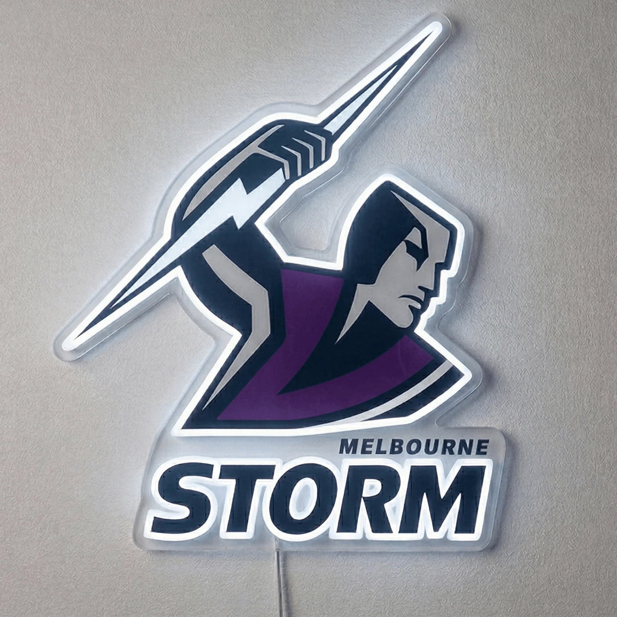 Melbourne Storm Neon Sign, featuring illuminated team logo on a light background.