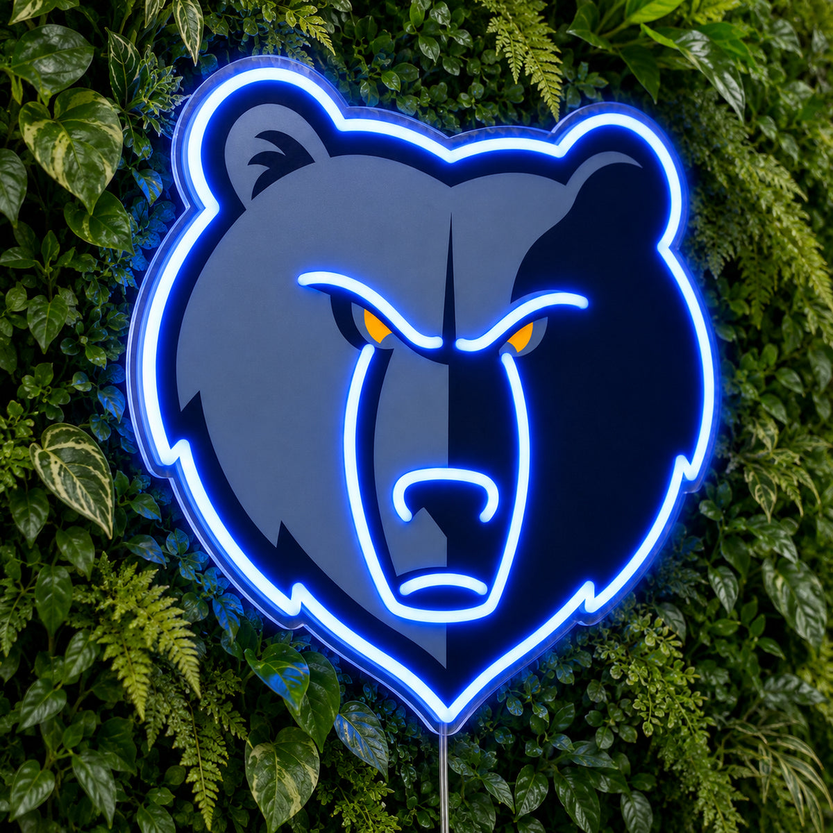 Memphis Grizzlies LED Neon Sign, featuring team logo displayed on a green foliage wall.