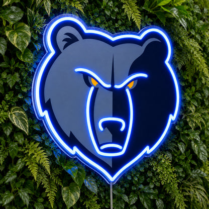Memphis Grizzlies LED Neon Sign, featuring team logo displayed on a green foliage wall.