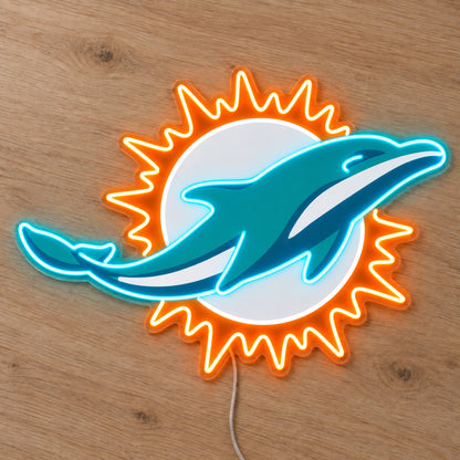 Miami Dolphins LED Neon Sign, featuring illuminated team logo on a wooden surface.