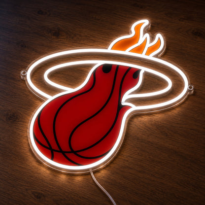 Miami Heat LED Neon Sign, featuring team logo displayed on a wooden surface.