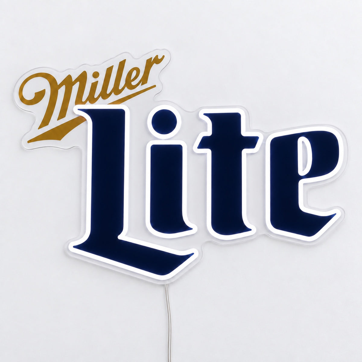 Miller Lite LED Neon Sign, featuring illuminated beer-brand logo on a light background viewed at an angle.