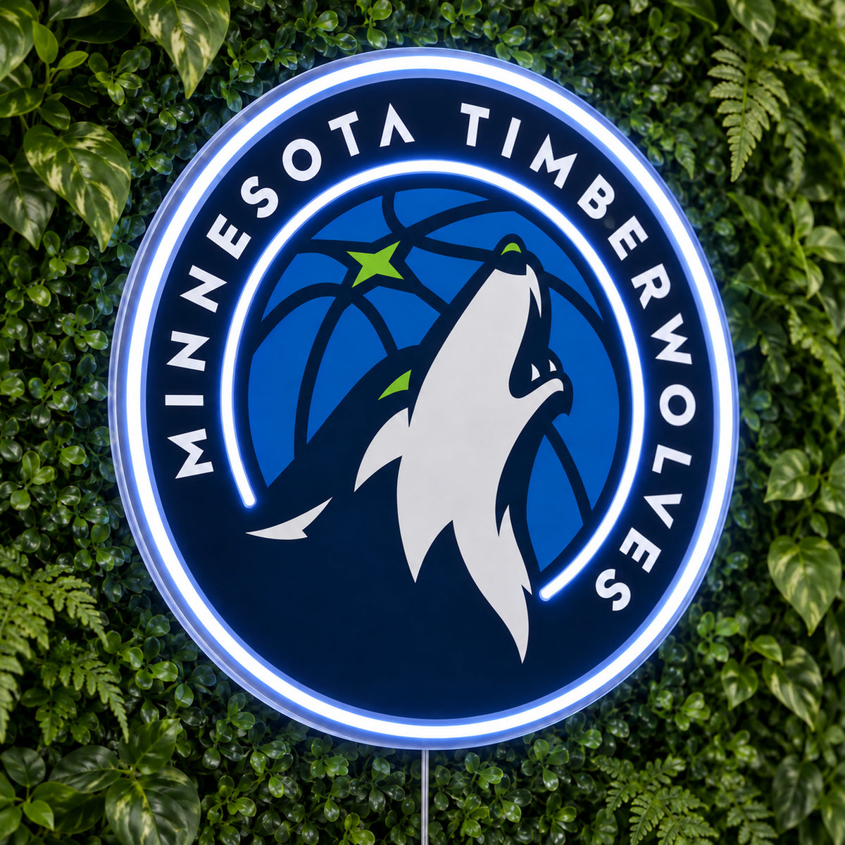 Minnesota Timberwolves LED Neon Sign, featuring illuminated team logo on a green foliage wall.