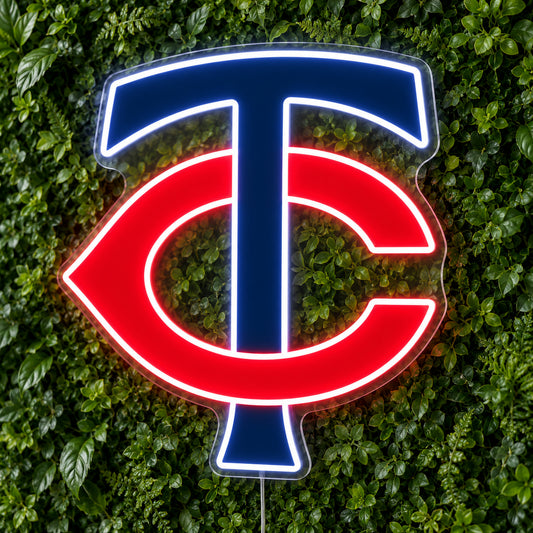 Minnesota Twins LED Neon Sign, featuring team logo displayed on a green foliage wall.