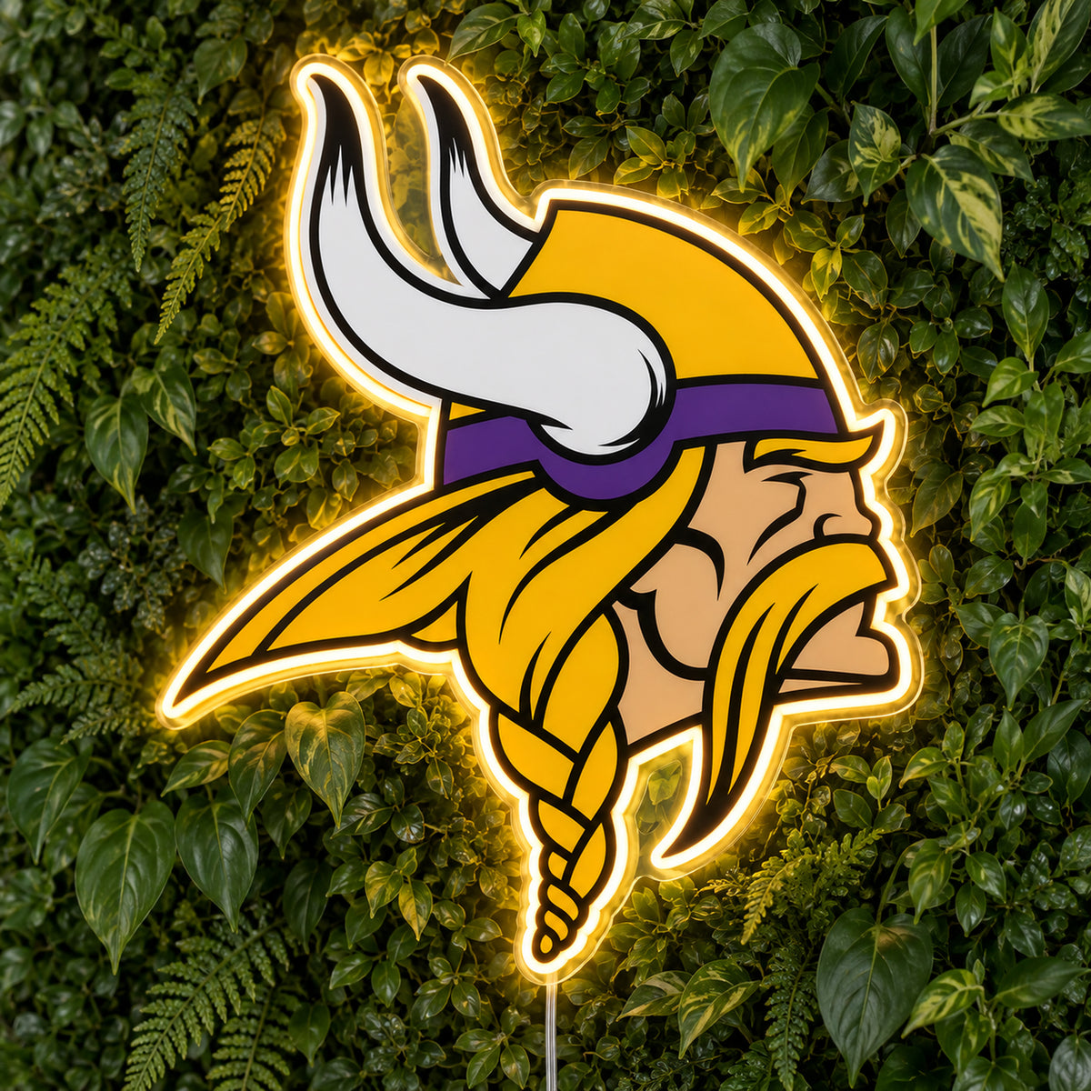 Minnesota Vikings LED Neon Sign, featuring team logo displayed on a green foliage wall.