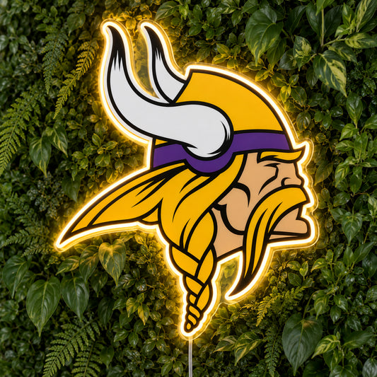 Minnesota Vikings LED Neon Sign, featuring team logo displayed on a green foliage wall.