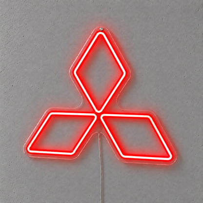 Mitsubishi Logo LED Neon Sign in red, featuring Mitsubishi three-diamond emblem on a grey wall.