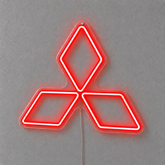Mitsubishi Logo LED Neon Sign in red, featuring Mitsubishi three-diamond emblem on a grey wall.