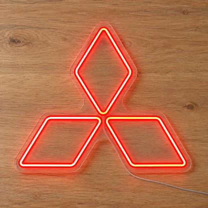 Mitsubishi Logo LED Neon Sign in red, featuring Mitsubishi three-diamond emblem on a wooden surface.