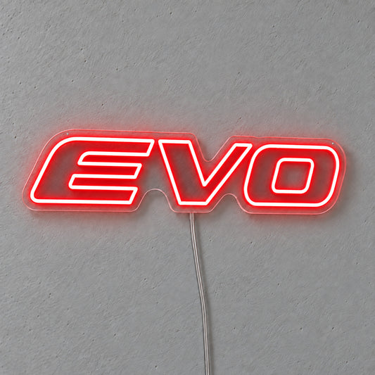 Mitsubishi Evo Logo LED Neon Sign in red, featuring Evo lettering on a grey wall.
