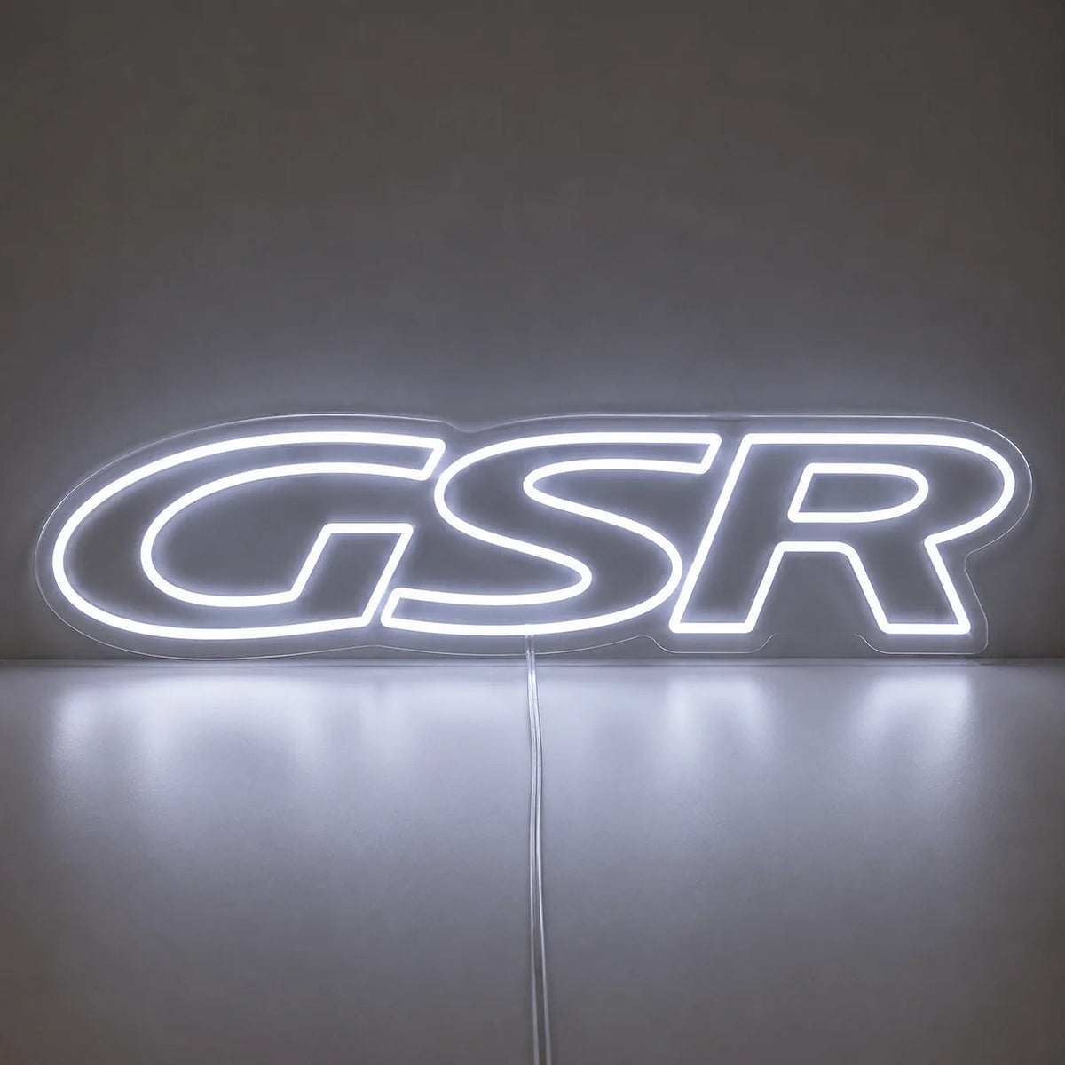 Mitsubishi Lancer Evolution GSR LED Neon Sign in white, featuring GSR lettering on a reflective surface.