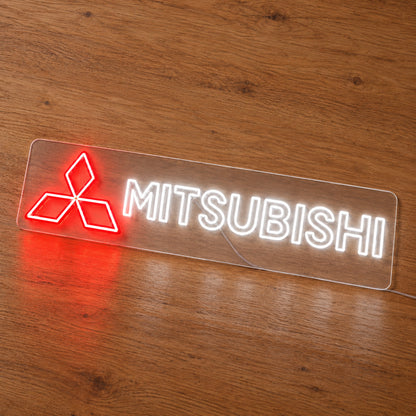 Mitsubishi Logo LED Neon Sign in red and white, featuring Mitsubishi three-diamond logo and lettering on a wooden surface.