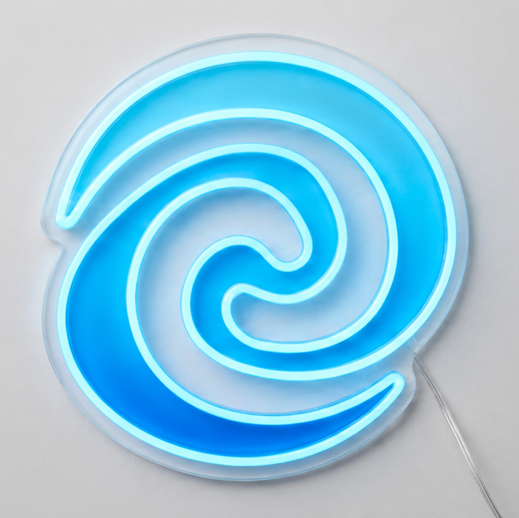 Moana (Swirl) LED Neon Sign in blue, featuring a spiral emblem on a light wall.