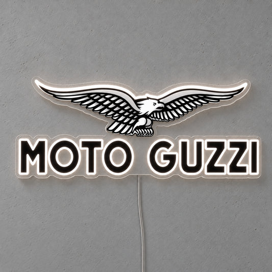 Moto Guzzi LED Neon Sign, featuring illuminated vehicle logo on a light background.