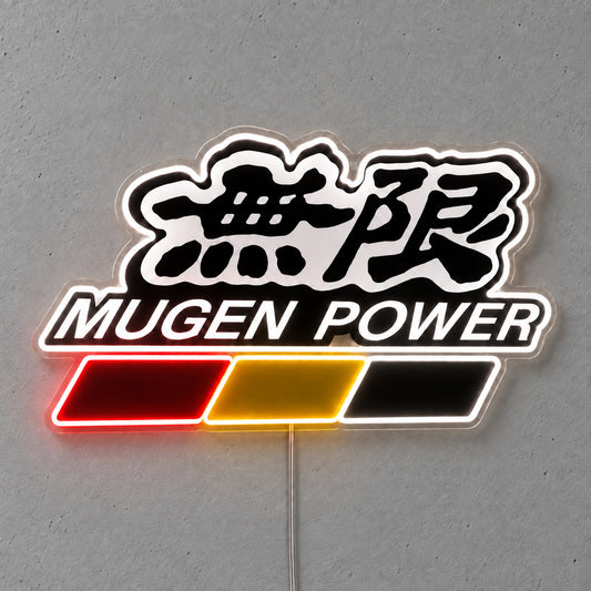 Mugen Power LED Neon Sign, featuring illuminated vehicle logo on a light background.