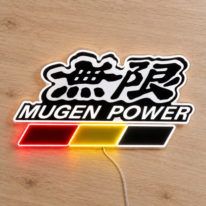 Mugen Power LED Neon Sign, featuring illuminated vehicle logo on a wooden surface.