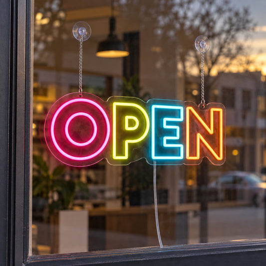 Multicolour Open LED Neon Sign in pink, yellow, blue and orange, featuring Open lettering in a shop window.