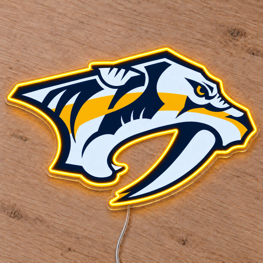 Nashville Predators LED Neon Sign, featuring team logo displayed on a wooden surface.