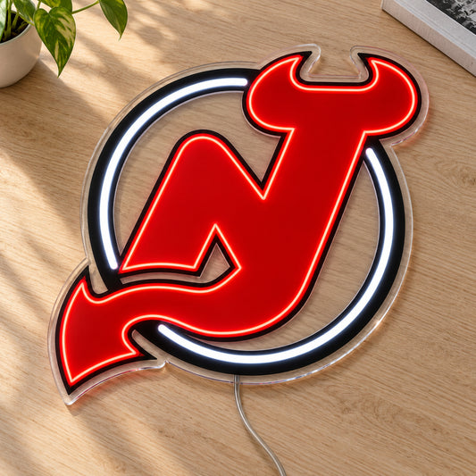 New Jersey Devils LED Neon Sign, featuring team logo displayed on a wooden surface.