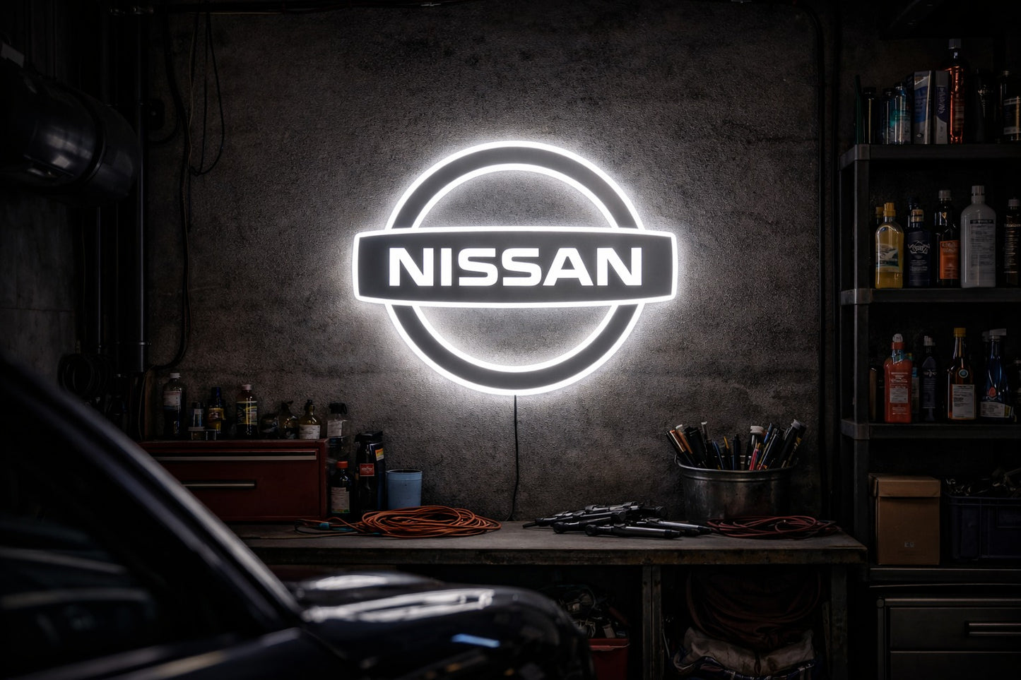 Nissan logo LED neon sign glowing in a workshop, bold JDM inspired wall feature