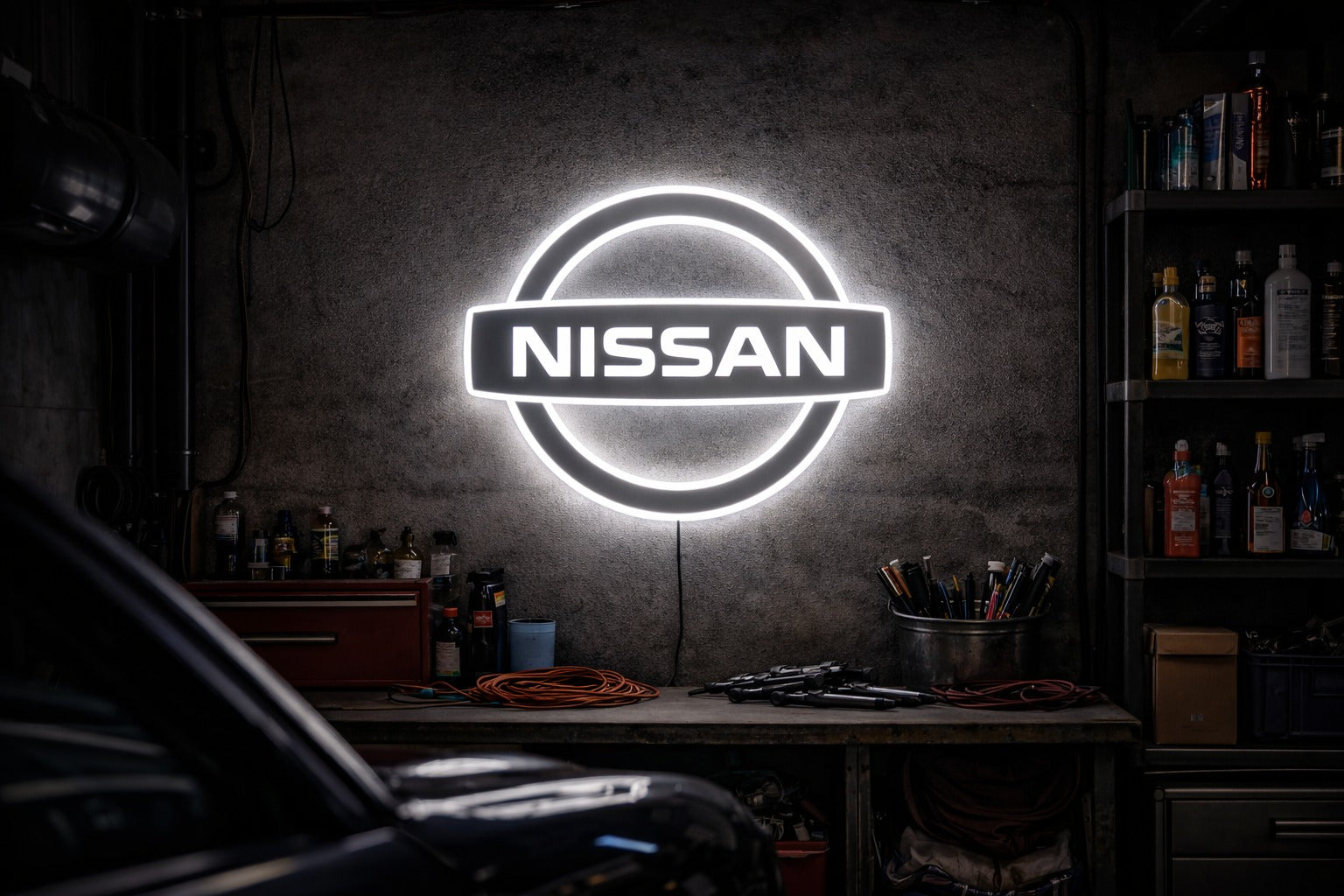 Nissan logo LED neon sign glowing in a workshop, bold JDM inspired wall feature