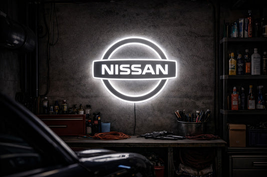 Nissan logo LED neon sign glowing in a workshop, bold JDM inspired wall feature