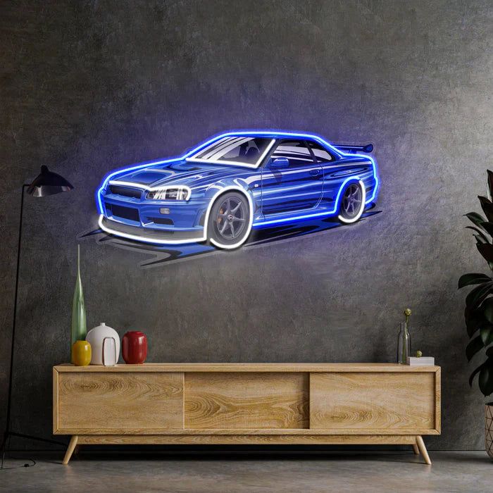 Nissan Skyline R34 LED neon sign mounted in a garage, iconic Japanese performance wall feature