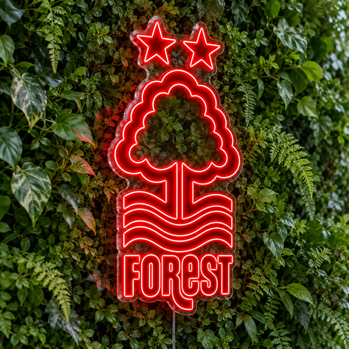 Nottingham Forest LED Neon Sign, featuring team logo displayed on a green foliage wall.