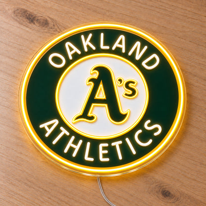 Oakland Athletics LED Neon Sign, featuring illuminated team logo on a wooden surface.