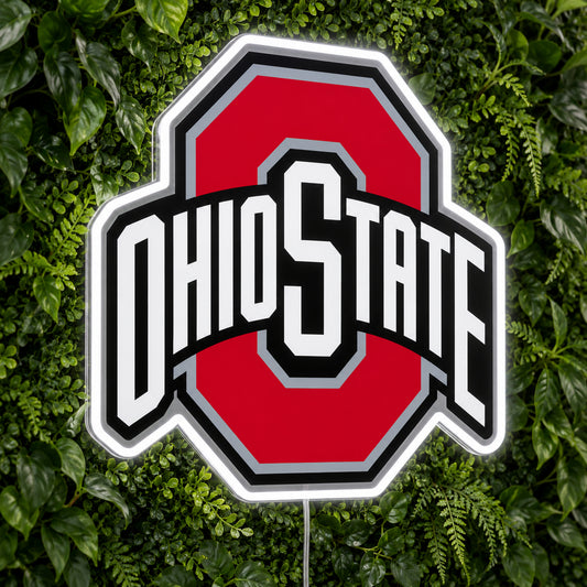 Ohio State LED Neon Sign, featuring team logo displayed on a green foliage wall.
