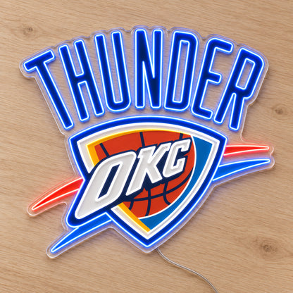 Oklahoma City Thunder LED Neon Sign, featuring team logo displayed on a wooden surface.