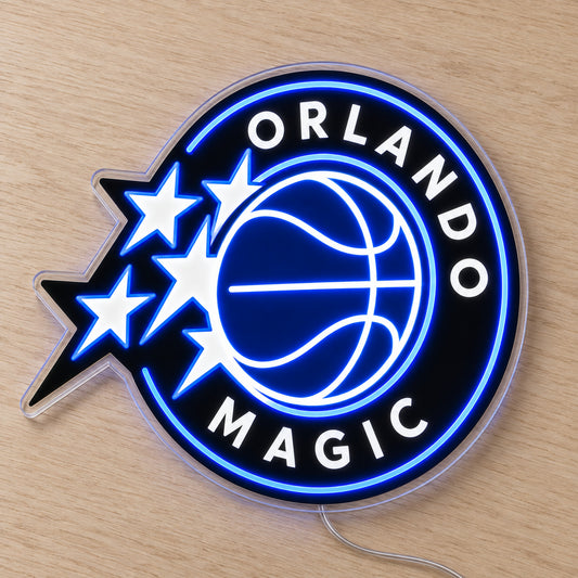 Orlando Magic LED Neon Sign, featuring illuminated team logo on a wooden surface.