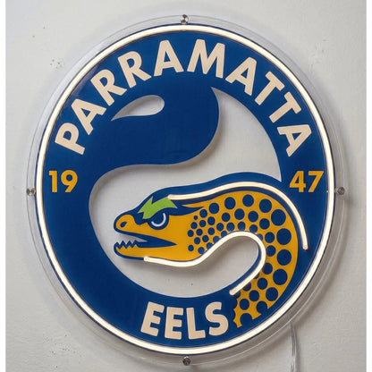Parramatta Eels Neon Sign, featuring illuminated team logo on a light background.