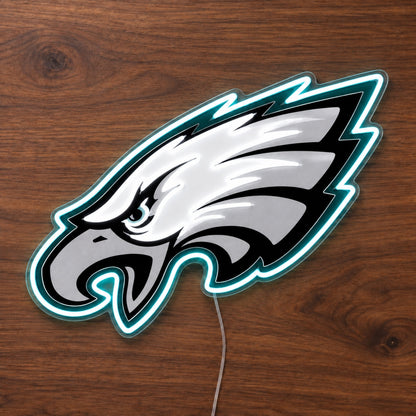 Philadelphia Eagles LED Neon Sign, featuring illuminated team logo on a wooden surface.