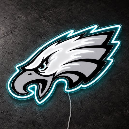 Philadelphia Eagles LED Neon Sign, featuring illuminated team logo on a dark background in dim lighting.