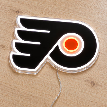 Philadelphia Flyers LED Neon Sign, featuring team logo displayed on a wooden surface.