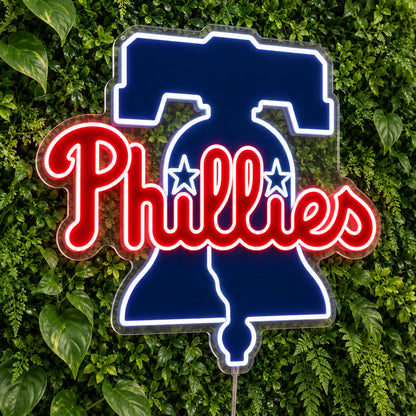 Philadelphia Phillies LED Neon Sign, featuring team logo displayed on a green foliage wall.