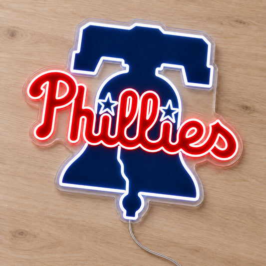 Philadelphia Phillies LED Neon Sign, featuring team logo displayed on a wooden surface.