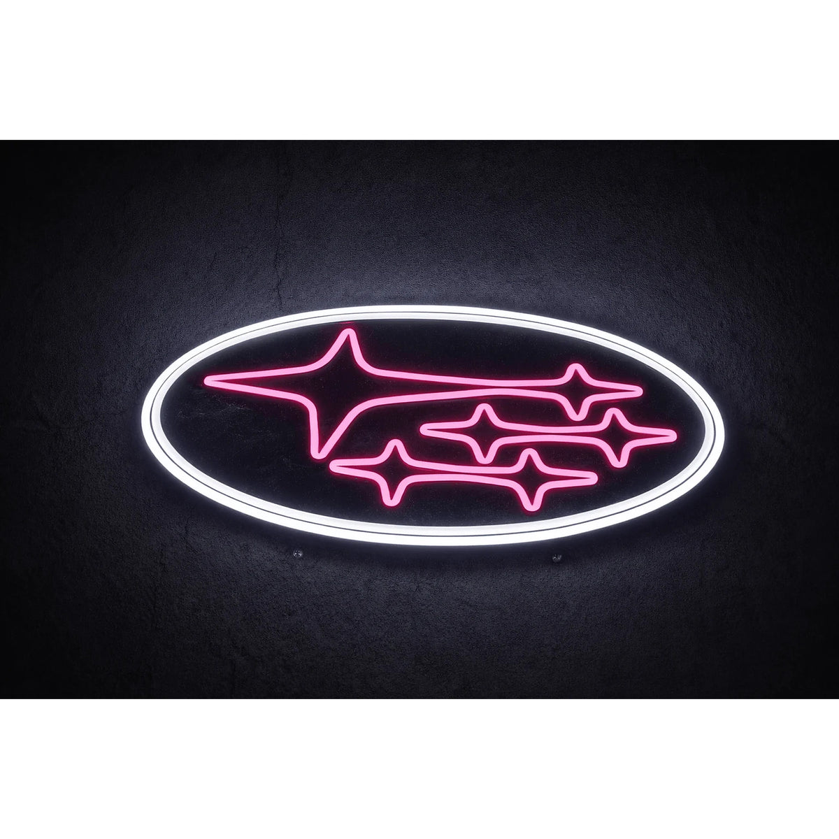 Subaru Logo LED Neon Sign pink in pink and white, featuring oval Subaru star logo against a dark background.