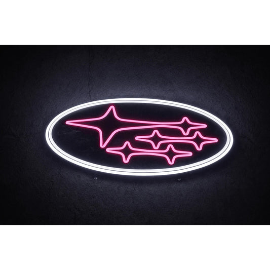 Subaru Logo LED Neon Sign pink in pink and white, featuring oval Subaru star logo against a dark background.