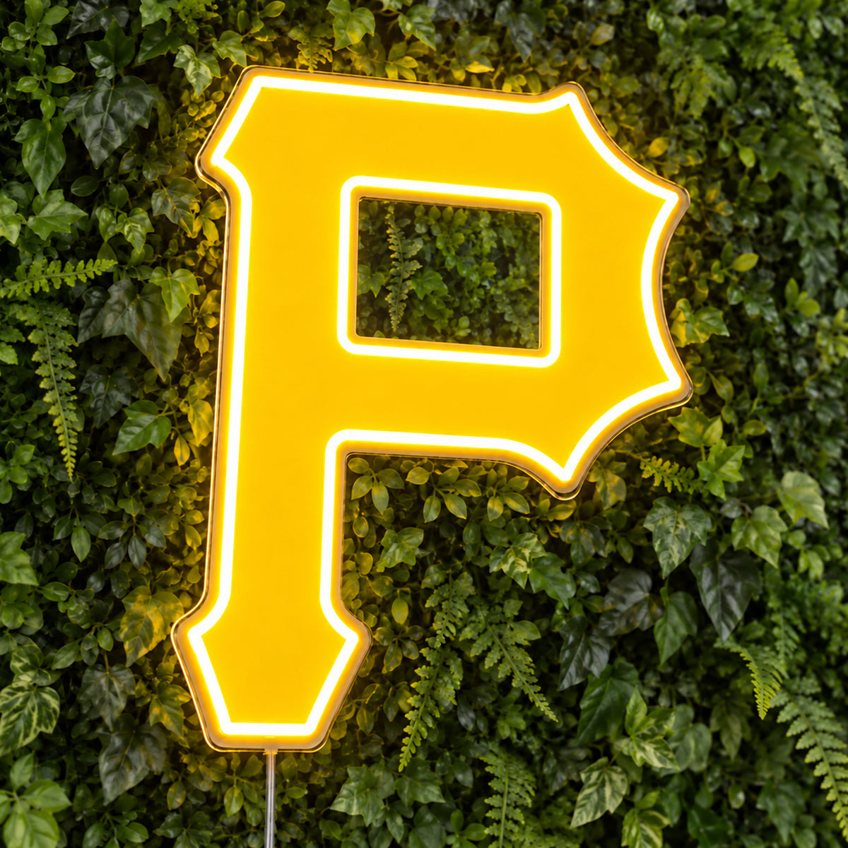 Pittsburgh Pirates LED Neon Sign, featuring team logo displayed on a green foliage wall.