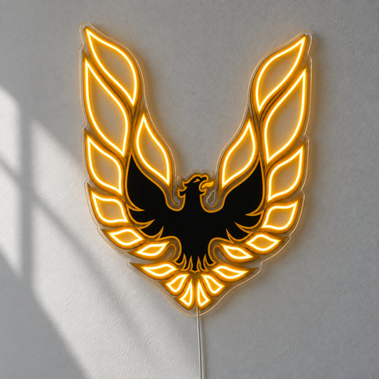 Pontiac Firebird LED Neon Sign, featuring illuminated vehicle logo on a light background.