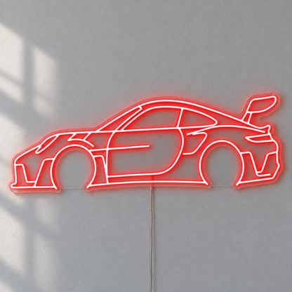Porsche 911 LED Neon Sign in red, featuring a Porsche 911 car outline on a grey wall.