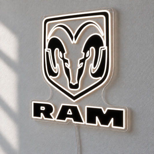 Ram LED Neon Sign, featuring illuminated vehicle logo on a light background.