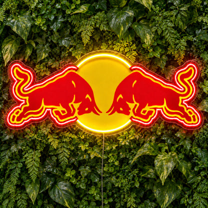 Red Bull Racing F1 LED Neon Sign, featuring team logo displayed on a green foliage wall.