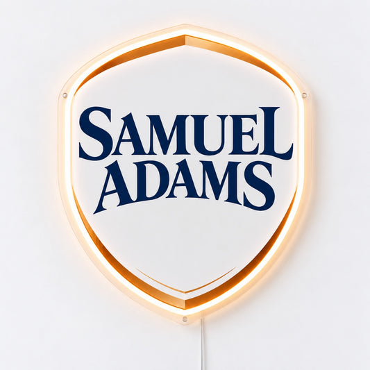 Samuel Adams LED Neon Sign, featuring illuminated beer-brand logo on a light background.