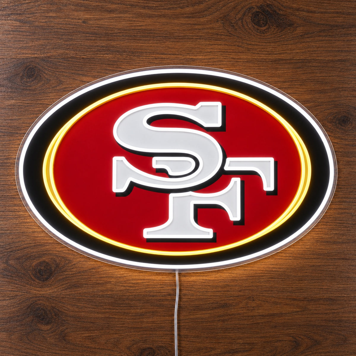 San Francisco 49ers LED Neon Sign, featuring illuminated team logo on a wooden surface.