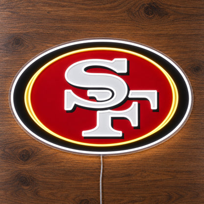 San Francisco 49ers LED Neon Sign, featuring illuminated team logo on a wooden surface.